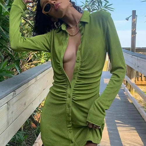 Load image into Gallery viewer, Long Sleeve Ruched Bodycon Shirts Dress For Women Turn-Down Collar Sexy Mini Dress Ladies Buttons Slim Party Vestidos
