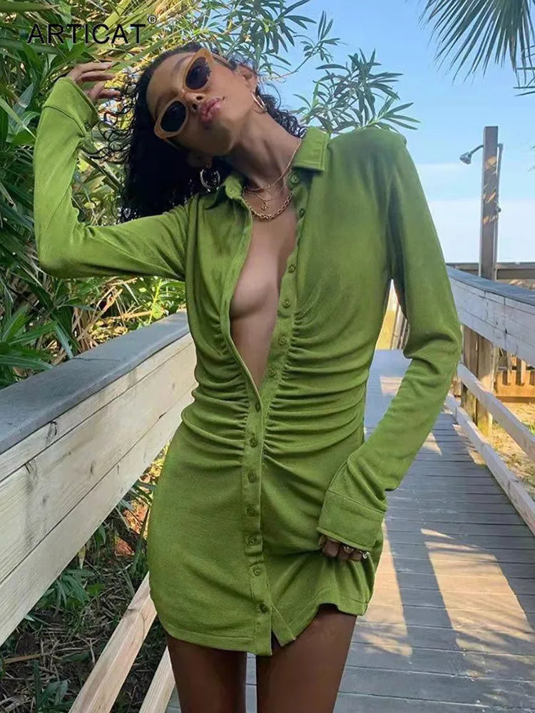 Long Sleeve Ruched Bodycon Shirts Dress For Women Turn-Down Collar Sexy Mini Dress Ladies Buttons Slim Party Vestidos