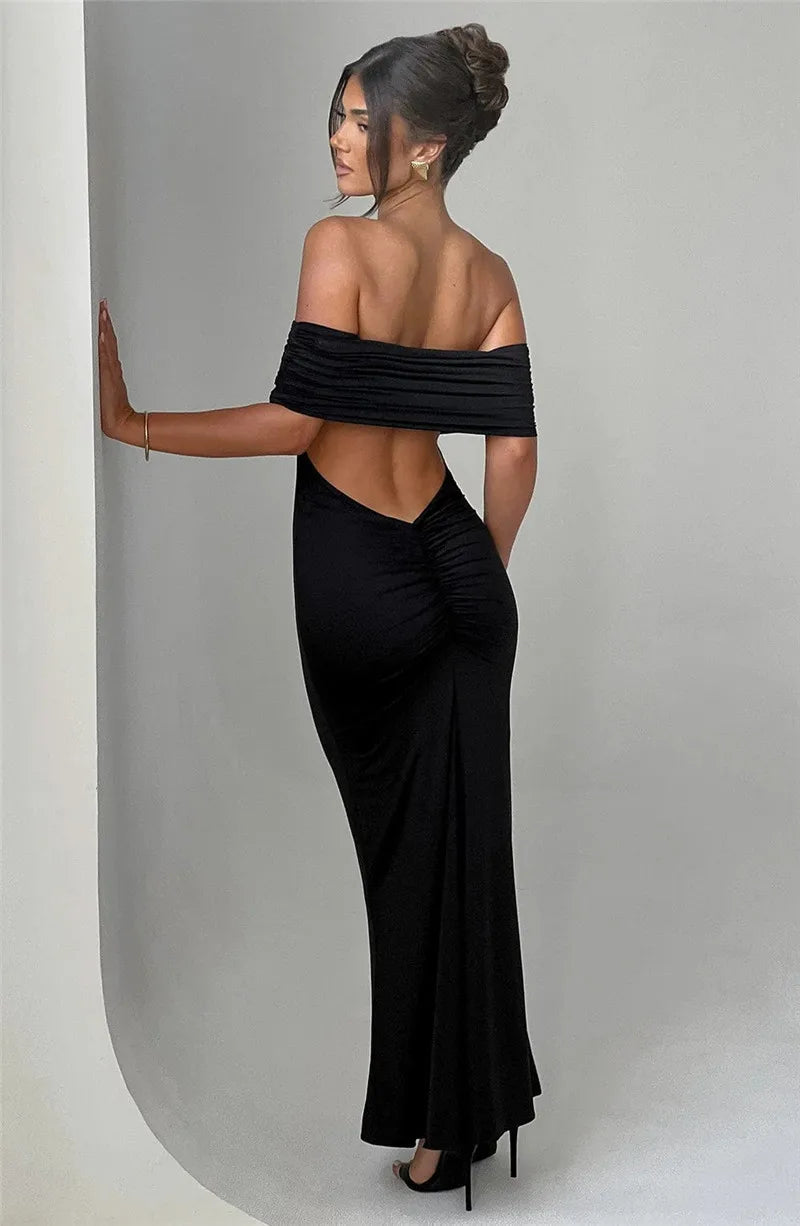 Strapless Backless Sexy Maxi Dress For Women Black Solid Off-shoulder Sleeveless Bodycon Club Party Long Dress Elegant