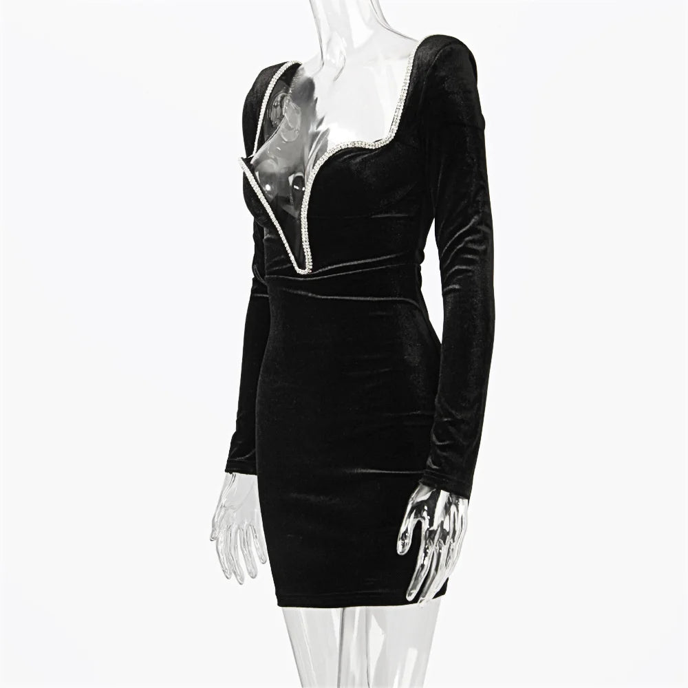 Long Sleeve Sexy Deep V Neck Wired Diamante Crystal Padded Should Bodycon Outfits Women Winter Velvet Party Dress