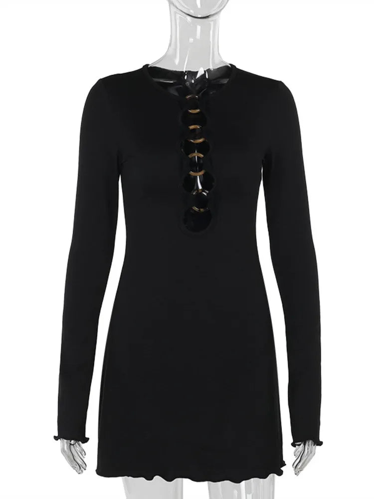 Hollow Out Long Sleeve Sexy Mini Dress For Women Robe Autumn New Black O Neck Club Party Sexy Dress Elegant Clubwear
