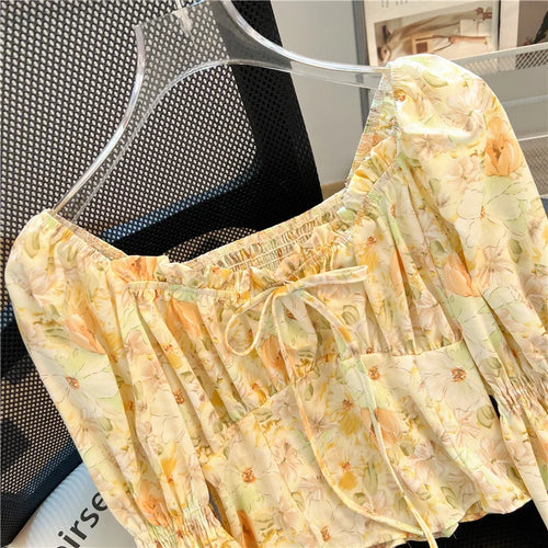 Load image into Gallery viewer, Spring Women Yellow Red Flower Long Sleeve Square Neck Backless Blouse Retro French Ruffle Edge Lace-up Holiday Shirt Short Tops
