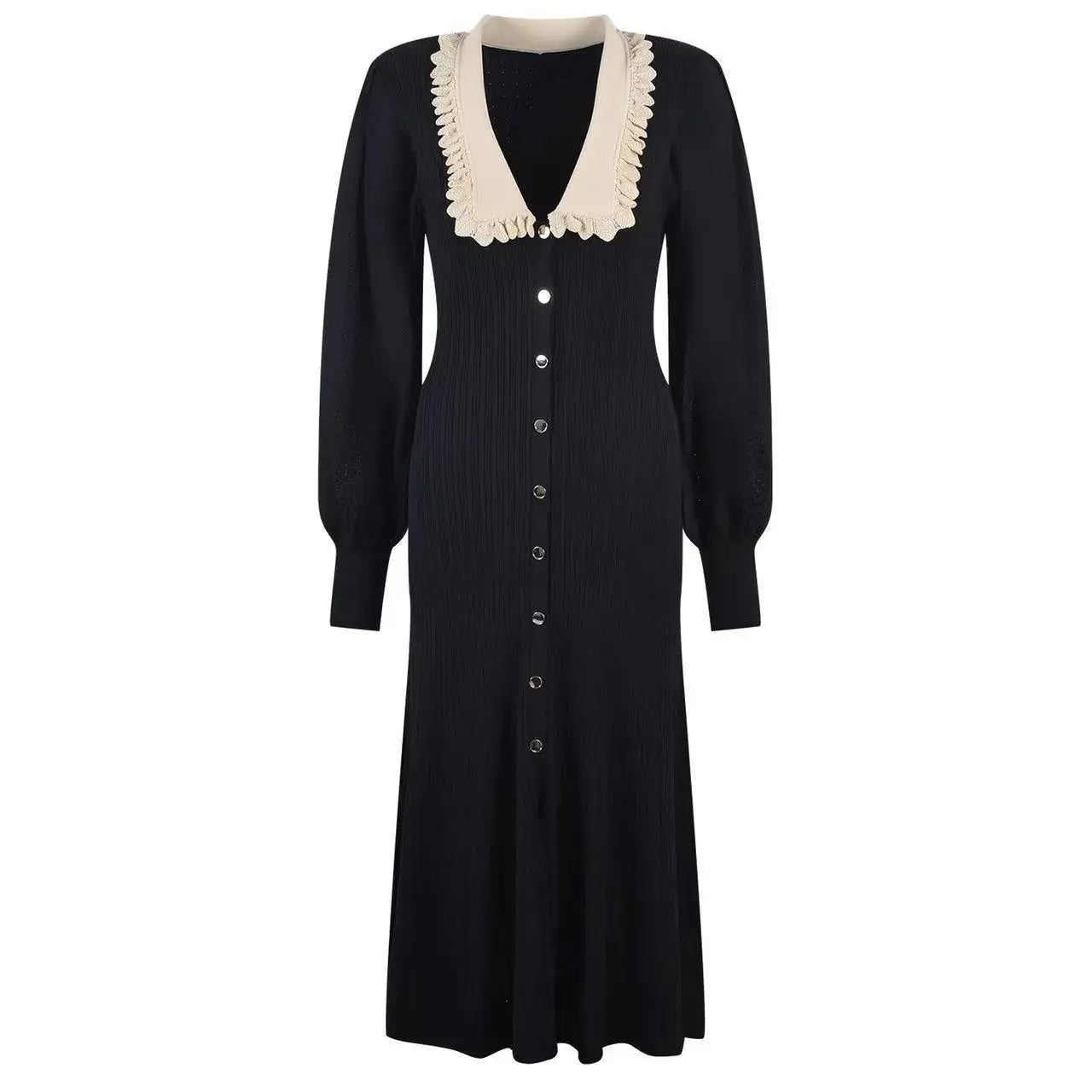 Vintage Autumn 2024 New Women's Patchwork Single Breasted Knit Dresses French Elegant Festival Slim Long Sleeve Dress Streetwear