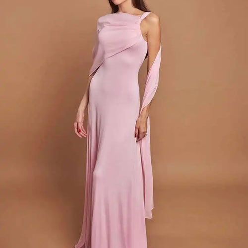 Load image into Gallery viewer, Pink Cape Sleeve Sexy Maxi Dress For Women Off-shoulder Backless Gown Elegant Skew Collar Lace-up Long Dress Vestido
