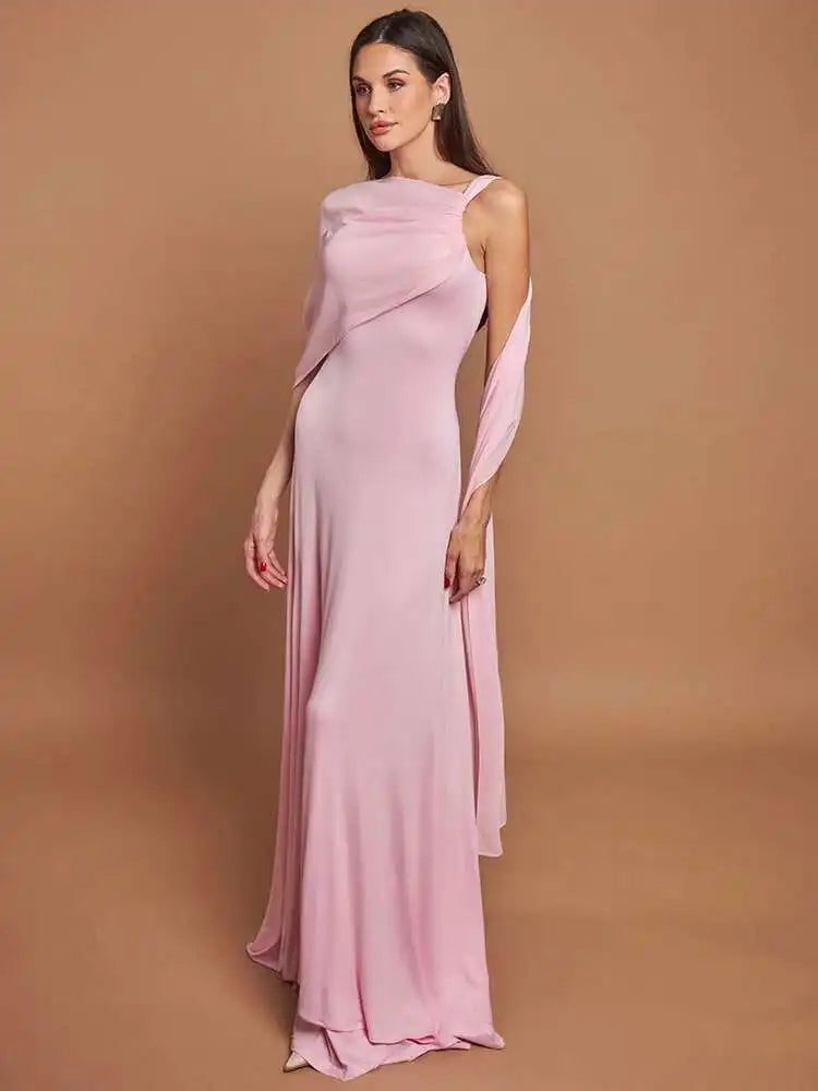 Pink Cape Sleeve Sexy Maxi Dress For Women Off-shoulder Backless Gown Elegant Skew Collar Lace-up Long Dress Vestido
