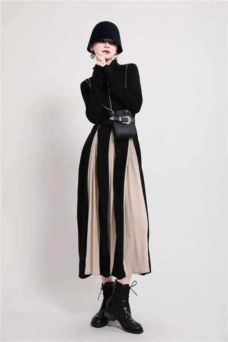 Women Black White Contrast Color Long Dress New Turtleneck Long Sleeve Loose Fit Fashion Tide Autumn Winter 2025  1DD2153