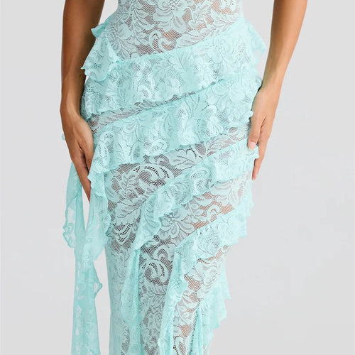 Load image into Gallery viewer, Lace Backless Sexy Maxi Dress Women Gown Halter Lace-up Sleeveless Bodycon Elegant Ruffle Beach Club Long Dress 2025
