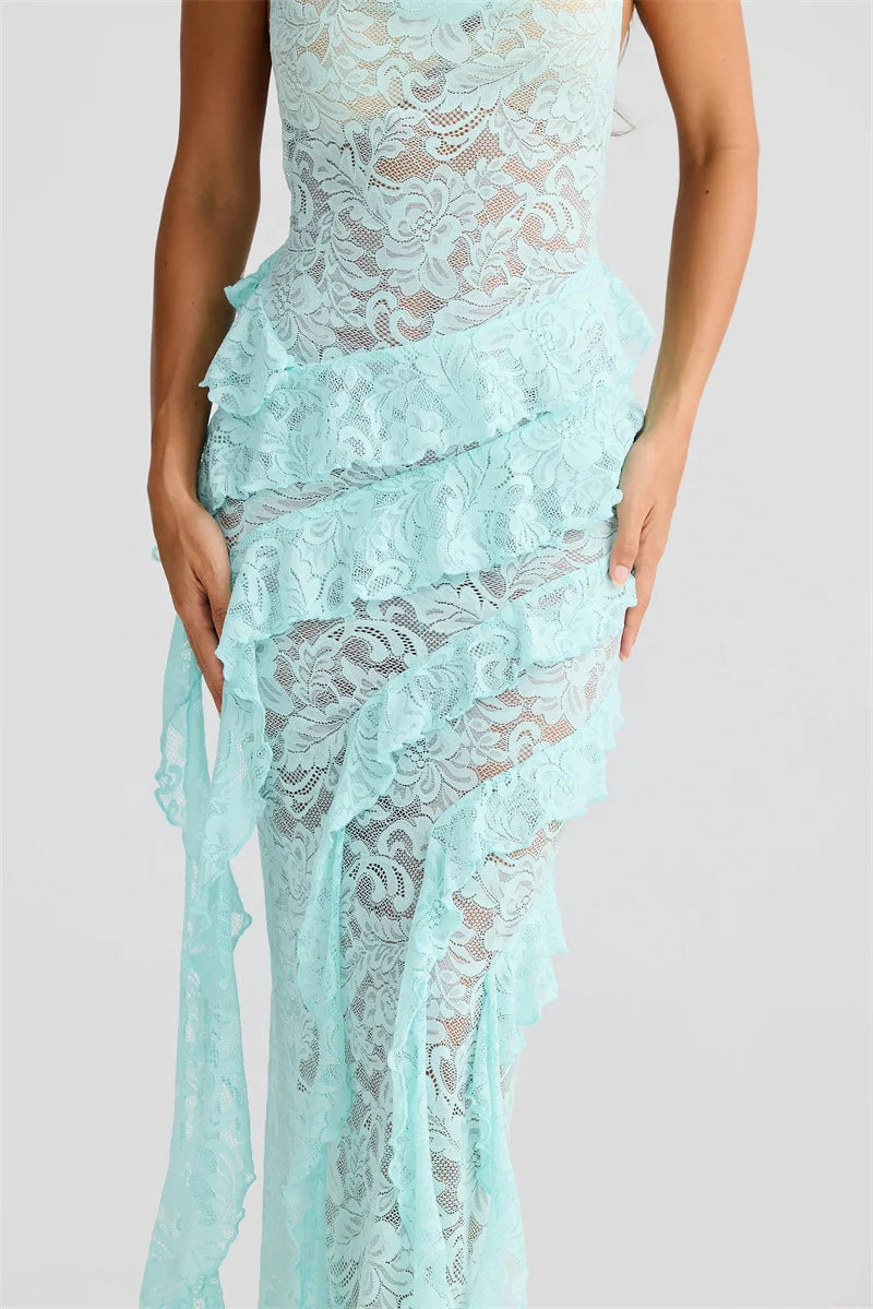 Lace Backless Sexy Maxi Dress Women Gown Halter Lace-up Sleeveless Bodycon Elegant Ruffle Beach Club Long Dress 2025