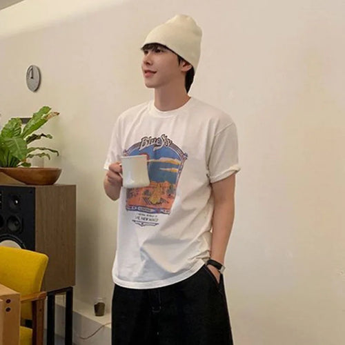 Load image into Gallery viewer, Men's T-shirts Niche Cartoon Printed Short Sleeved New Summer Loose Round Neck T-shirt Korean Pullover Style 9W1609
