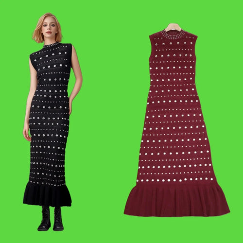 Load image into Gallery viewer, Black Diamond Sleeveless Ruffle Edge Knitted Dress Women's Summer Red Elegant Round Neck Office Slim Wrap Hip Long Dress Popular
