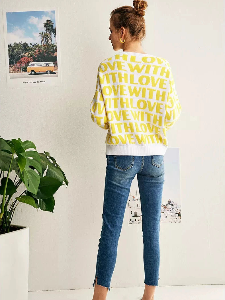 Thick Women Yellow Love Letter Jacquard Sweaters and Pullovers High Quality Knitted O-Neck Autumn Winter Sweet Top  C-028