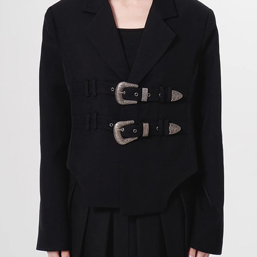 Load image into Gallery viewer, Solid Loose Spliced Belts Temperament Jackets for Women Lapel Long Sleeves Minimalist Jacket Female Clothing New
