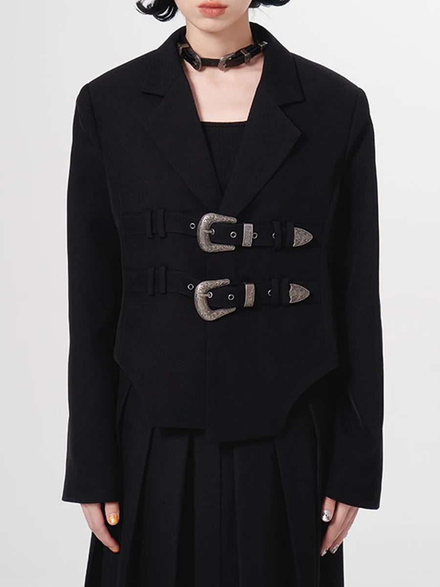 Solid Loose Spliced Belts Temperament Jackets for Women Lapel Long Sleeves Minimalist Jacket Female Clothing New