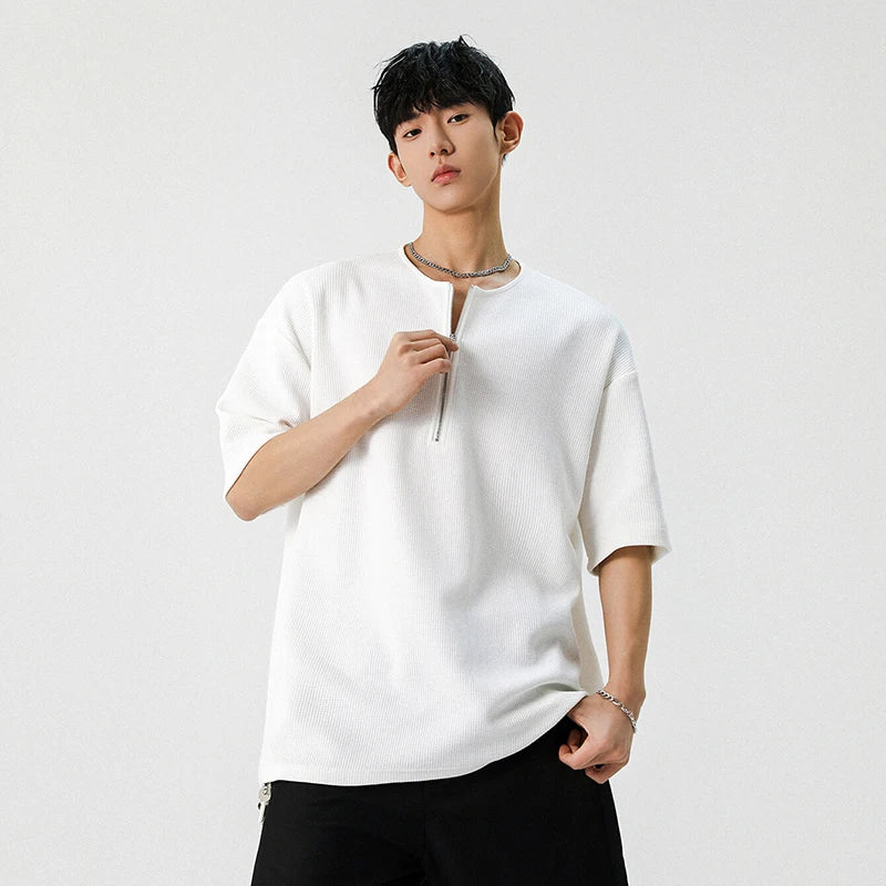 Male T-shirt New American Style Half Zippper Solid Color Short Sleeved T-shirts Casual Loose Trendy Men Summer 9W1294