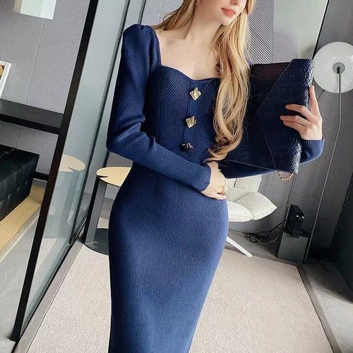 Load image into Gallery viewer, Elegant Women Navy Blue Square Neck Midi Dress Spring Long Sleeve Slim Fit Ladies Knited Long Robes With Buttons C-063
