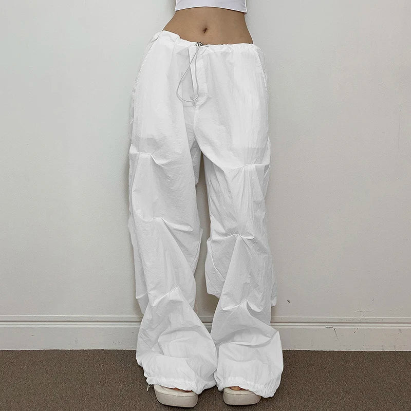 Harajuku Oversize White Drawstring Parachute Pants Folds Low Rise Tech Sweatpants Draped Casual Baggy Trousers Women