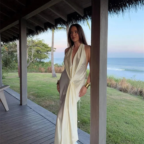 Load image into Gallery viewer, Satin Deep V Neck Backless Sexy Maxi Dress Women Elegant Halter Sleeveless Lace-up High Waist Draped Ruched Long Dress
