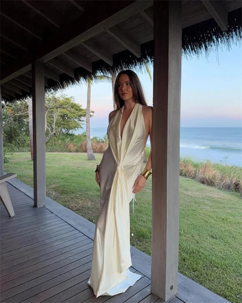 Satin Deep V Neck Backless Sexy Maxi Dress Women Elegant Halter Sleeveless Lace-up High Waist Draped Ruched Long Dress