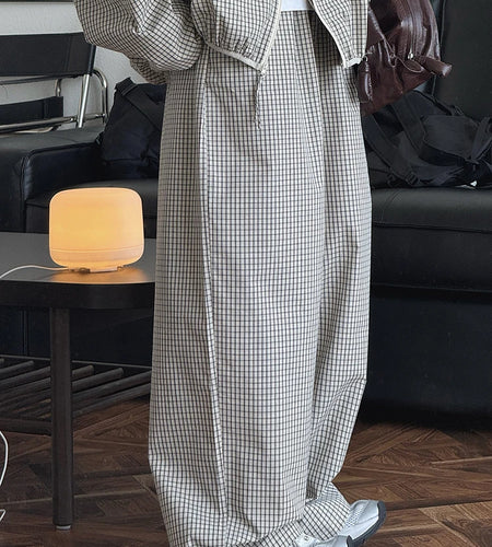 High Elastic Waist Beige Plaid Casual Long Wide Leg Pants New Trousers Women Fashion Tide Spring Autumn 2025 1DJ0867