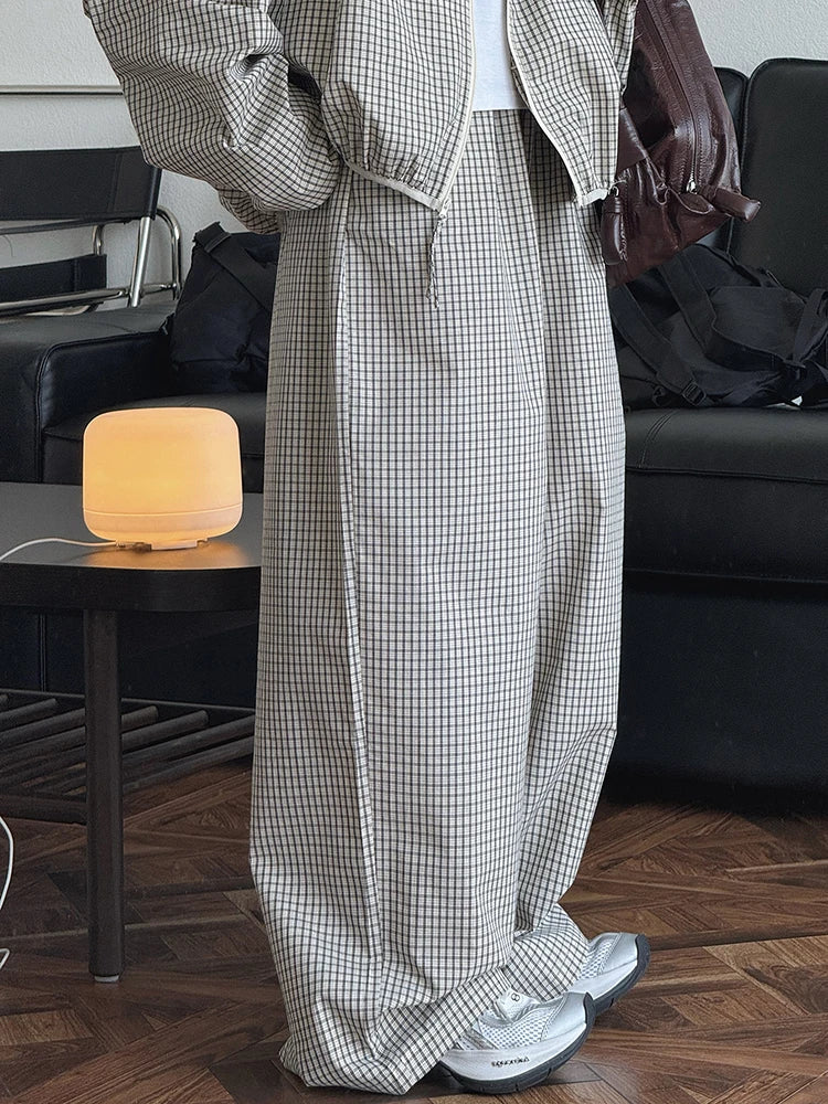 High Elastic Waist Beige Plaid Casual Long Wide Leg Pants New Trousers Women Fashion Tide Spring Autumn 2025 1DJ0867