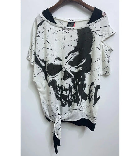 Fake Two Women Tshirts Patchwork Punk Tees Print Short Sleeve Loose Camisetas 2024 Ropa Mujer Casual Fashion Y2k T-shirt Tops