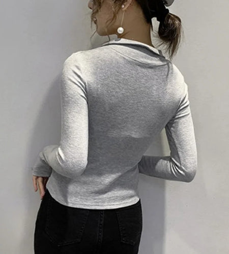 y2k Crop Tops Women Basic Clothes Solid Color Slim Fit Turn-down Collar Long Sleeve T Shirt 2000s Clothing Streetwear