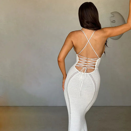 Load image into Gallery viewer, Hollow Out Backless Knit Dress For Women Spaghetti Strap Bandage Sleeveless Bodycon Club Party Sexy Long Dress Elegant

