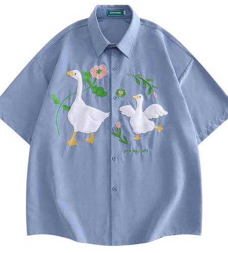Harajuku Men Shirts Funny Embroidery Flower White Duck Goose Patch Short Sleeve Blouse Summer Loose Button Up Shirt Streetwear
