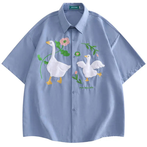 Harajuku Men Shirts Funny Embroidery Flower White Duck Goose Patch Short Sleeve Blouse Summer Loose Button Up Shirt Streetwear