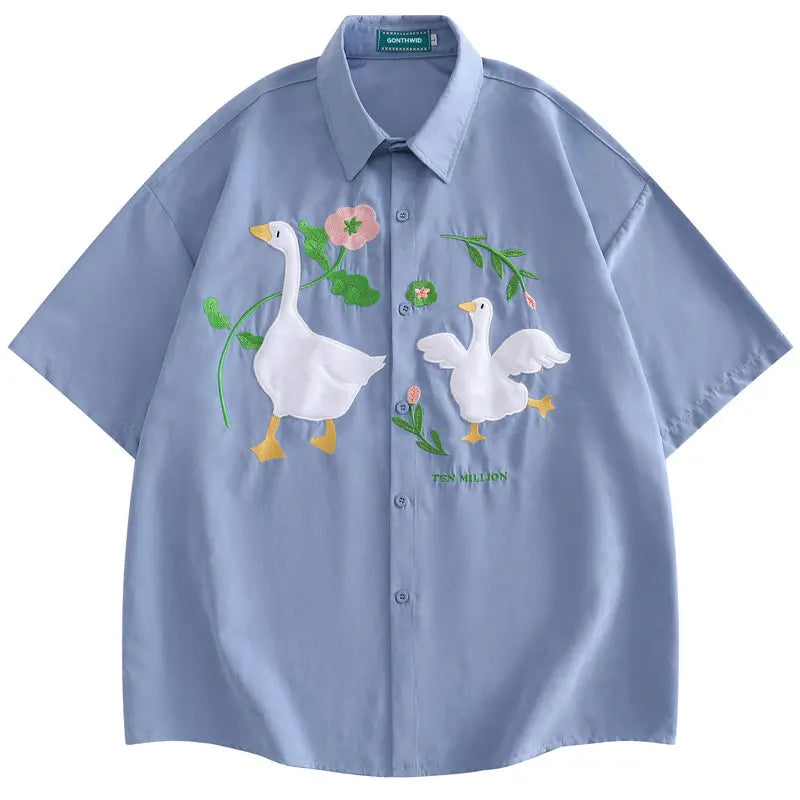 Harajuku Men Shirts Funny Embroidery Flower White Duck Goose Patch Short Sleeve Blouse Summer Loose Button Up Shirt Streetwear