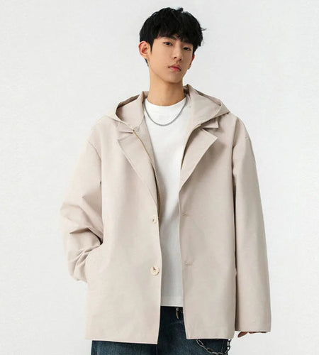 Men's Hooded Suit Jacket New Korean Lapel Fake Two-piece Design Single Breasted Solid Color Spring New Male Blazers 9W1242