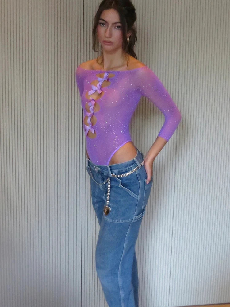 Sexy Hollow Bow Long Sleeve Bodysuit Women's Tight Elastic Slim Fit Shiny Glowing Jumpsuit Casual Streetwear Autumn 2023