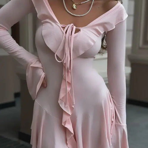 Load image into Gallery viewer, Sexy Bodycon Ruffled High Elasticity Skirt For Women Elegant Lace Up Pleated Long Sleeved Autumn Winter New 2024 Vestido
