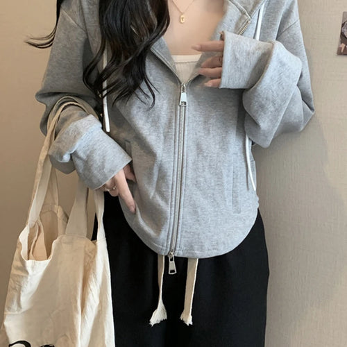 Load image into Gallery viewer, Double Zipper Short Women&#39;s Hoodies Autumn Winter Korean Casual Loose Thin Gray Navy Coat Women Sweatshirt Hooded M-XL
