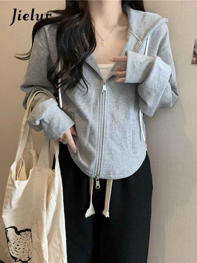 Double Zipper Short Women's Hoodies Autumn Winter Korean Casual Loose Thin Gray Navy Coat Women Sweatshirt Hooded M-XL