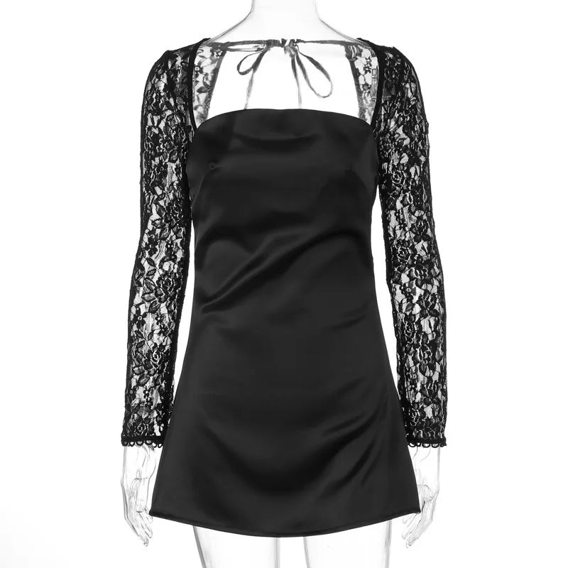 Lace Long Sleeve Sexy Mini Dress For Women Robe Square Collar Backless A-line High Waist Club Party Sexy Dress Fashion