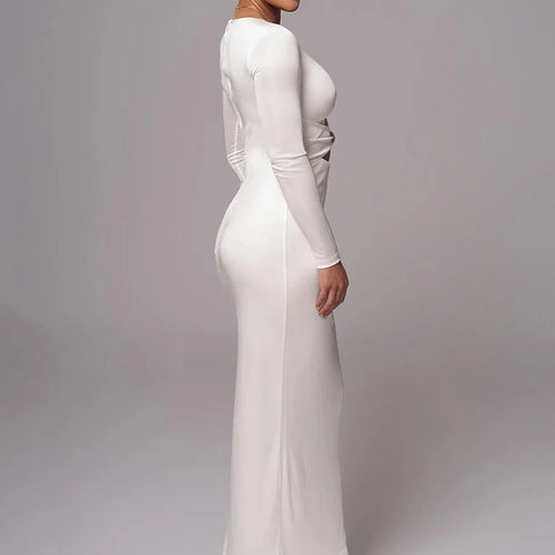 Load image into Gallery viewer, Hollow out long sleeve sexy maxi dress for women fashion solid V neck back split bodycon club long dress elegant
