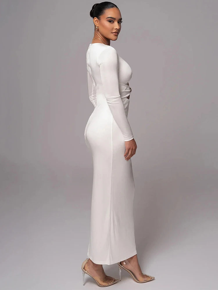 Hollow out long sleeve sexy maxi dress for women fashion solid V neck back split bodycon club long dress elegant