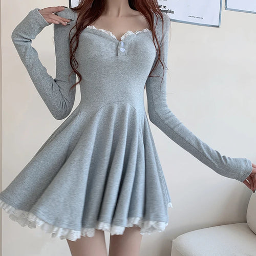 Load image into Gallery viewer, Vintage Black Lace Sexy Club Party Pleated Dress For Women 2023 Gray V Neck Long Sleeve Botton Wrapped Hip Mini Dress New Autumn
