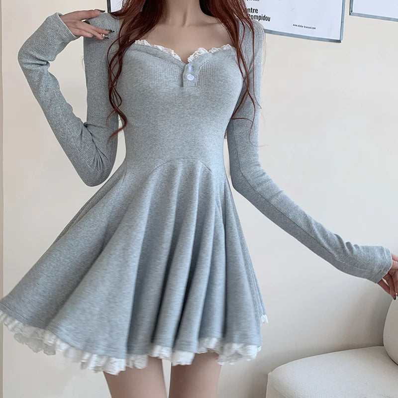 Vintage Black Lace Sexy Club Party Pleated Dress For Women 2023 Gray V Neck Long Sleeve Botton Wrapped Hip Mini Dress New Autumn