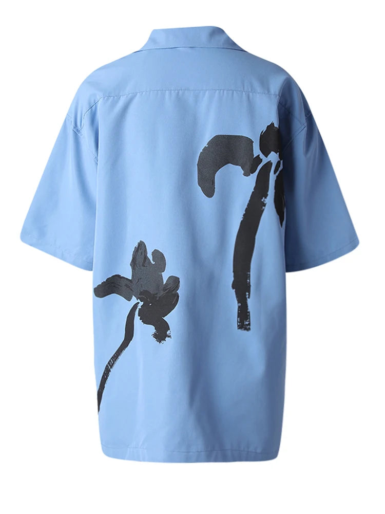 Women Blue Pattern Printed Big Size Casual Blouse New Lapel Short Sleeve Shirt Fashion Tide Spring Summer 2025 CPG3077