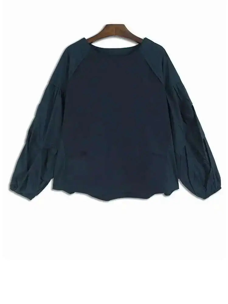 Women Green  Color-block Big Size T-shirt New Round Neck Long Lantern Sleeve Fashion Tide Spring Autumn 2025 1DH6792