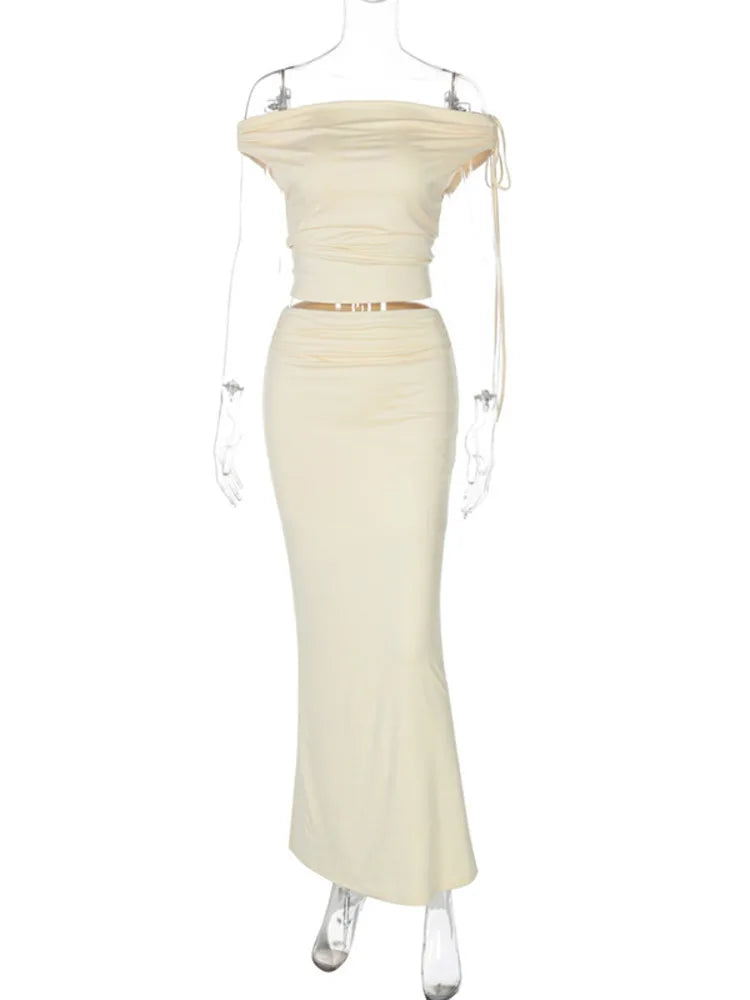 Sexy Skirt Two Pieces Sets For Women Sleeveless Slim Fit Off-shoulder Crop Top And Long Skirt Sexy Two Pieces Sets