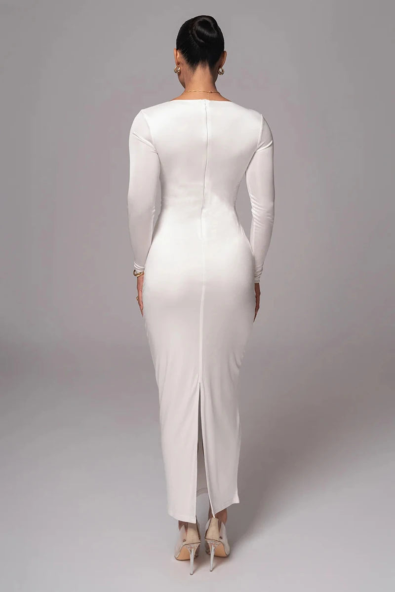 Hollow out long sleeve sexy maxi dress for women fashion solid V neck back split bodycon club long dress elegant