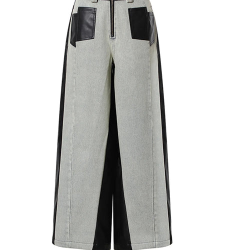High Waist Black Color-block Leather Denim Long Wide Leg Jeans New Loose Women Trousers Fashion Spring Autumn 2025 1DH3903