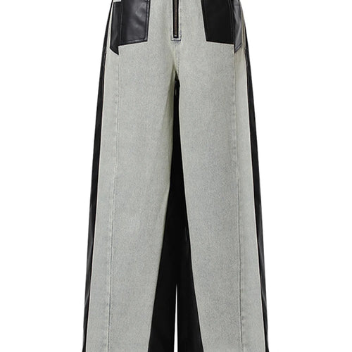 Load image into Gallery viewer, High Waist Black Color-block Leather Denim Long Wide Leg Jeans New Loose Women Trousers Fashion Spring Autumn 2025 1DH3903
