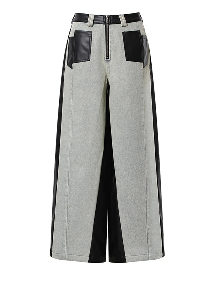 High Waist Black Color-block Leather Denim Long Wide Leg Jeans New Loose Women Trousers Fashion Spring Autumn 2025 1DH3903