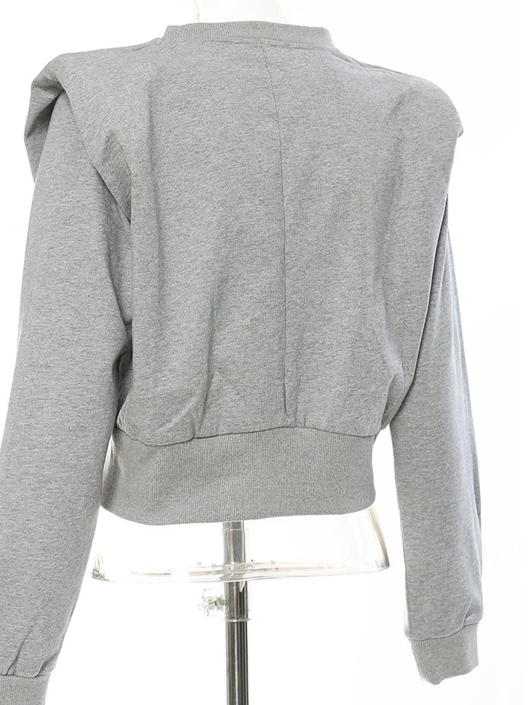 Loose Fit Gray Pleated Shaped Sweatshirt New Round Neck Long Sleeve Women Big Size Fashion Tide Spring Autumn 2025 1DF5202