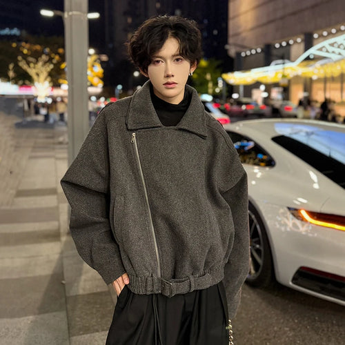 Load image into Gallery viewer, Fashion Men&#39;s Woolen Coats Turn-down Collar Hem Belt Design Solid Color Zipper Menswear Loose Thickened Jackets 9C9357
