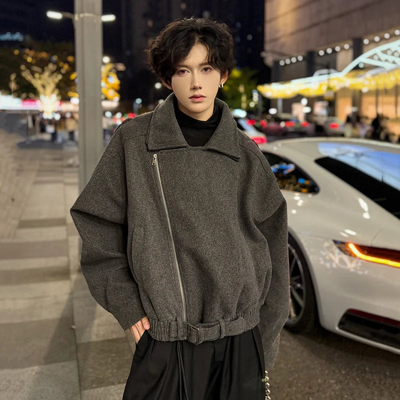 Fashion Men's Woolen Coats Turn-down Collar Hem Belt Design Solid Color Zipper Menswear Loose Thickened Jackets 9C9357